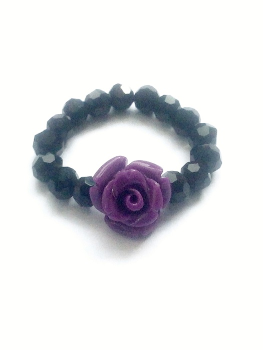 Purple Rose & Black Crystal Bead Stretch Ring