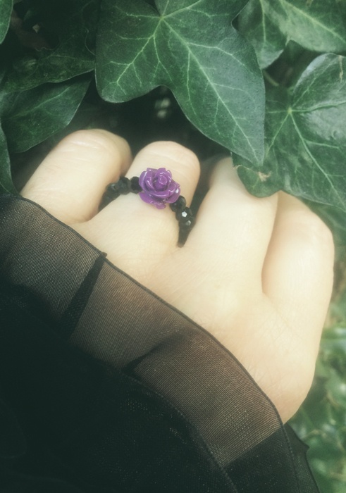 Purple Rose & Black Crystal Bead Stretch Ring