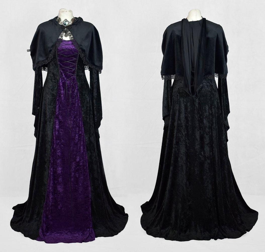 Morgana Maiden Dress - crushed velvet medieval goth witchy dress - worn with Adella Capelet - by Moonmaiden Gothic Clothing