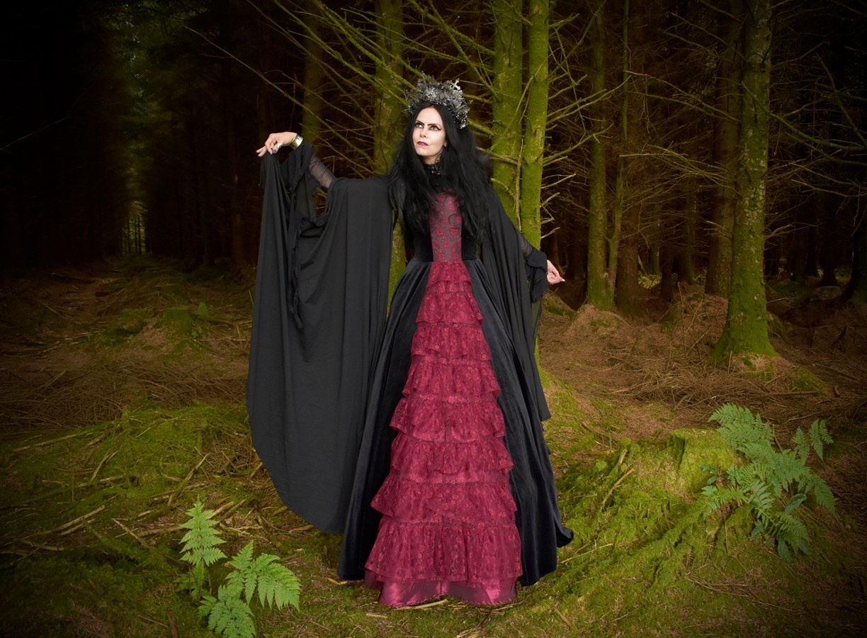 Scarlet in the Shadows Gown - steamed velvet and lace off-shoulder medieval ballgown by Moonmaiden Gothic Clothing