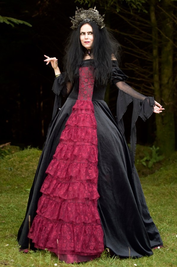 Scarlet in the Shadows Gown - steamed velvet and lace off-shoulder medieval ballgown by Moonmaiden Gothic Clothing