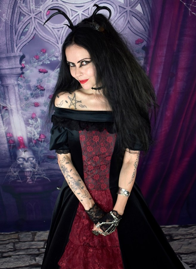 Scarlet in the Shadows Gown - steamed velvet and lace off-shoulder medieval ballgown by Moonmaiden Gothic Clothing