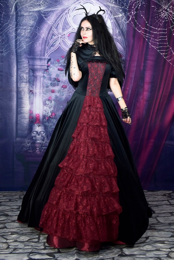 Scarlet in the Shadows Gown - steamed velvet and lace off-shoulder medieval ballgown by Moonmaiden Gothic Clothing