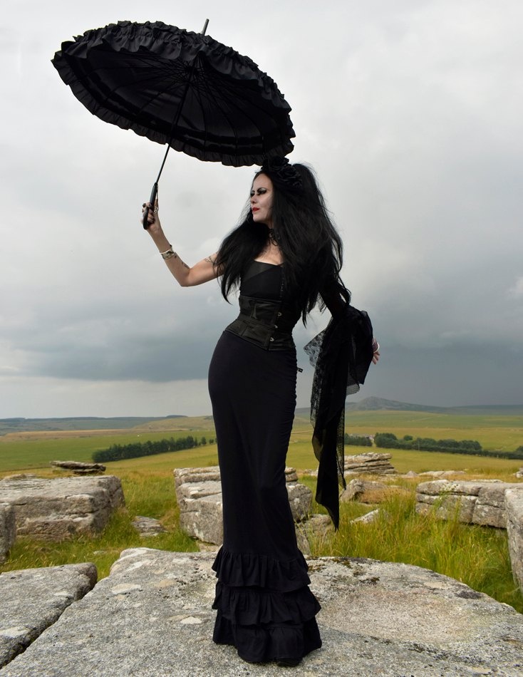 Nevermore Tears Skirt - long tiered cotton lycra morticia vamp skirt by Moonmaiden Gothic Clothing