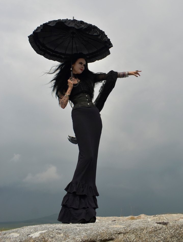 Nevermore Tears Skirt - long tiered cotton lycra morticia vamp skirt by Moonmaiden Gothic Clothing