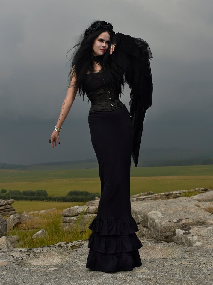 Nevermore Tears Skirt - long tiered cotton lycra morticia vamp skirt by Moonmaiden Gothic Clothing