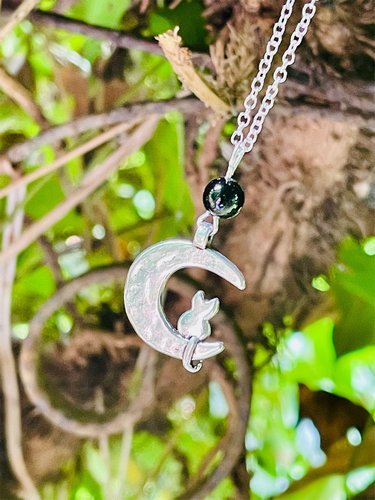 Moon Cat &amp; Black Onyx Pendant Necklace
