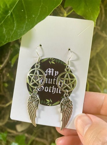 Pentacle &amp; Rose Wing Earrings