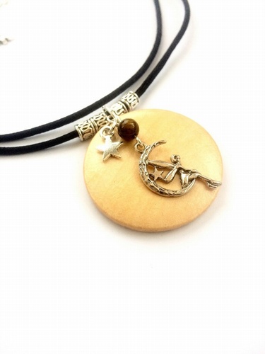 Wooden Necklace with Tibetan Silver Moon-Faerie Star and Tigers Eye